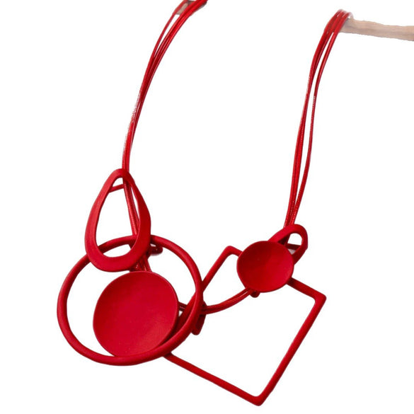 Color Contrast Geometric Interlaced Pendant Long Necklace In Electroplated Zinc Alloy With Matte Metal Finish