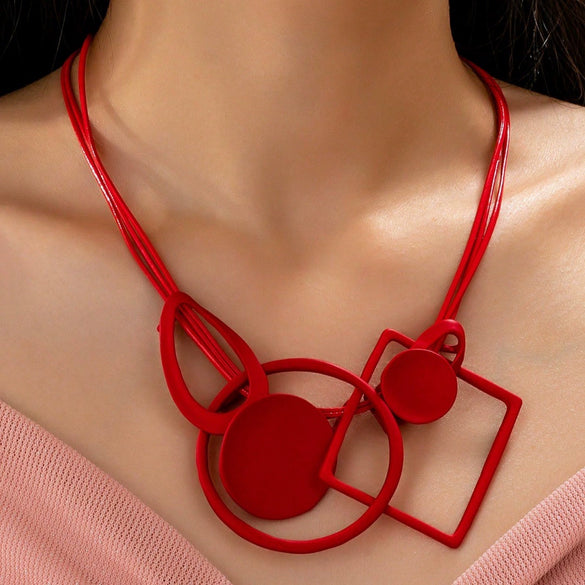 Color Contrast Geometric Interlaced Pendant Long Necklace In Electroplated Zinc Alloy With Matte Metal Finish