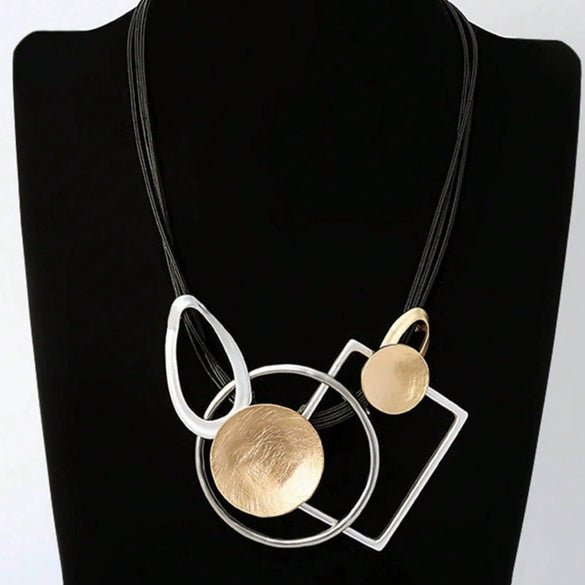 Color Contrast Geometric Interlaced Pendant Long Necklace In Electroplated Zinc Alloy With Matte Metal Finish