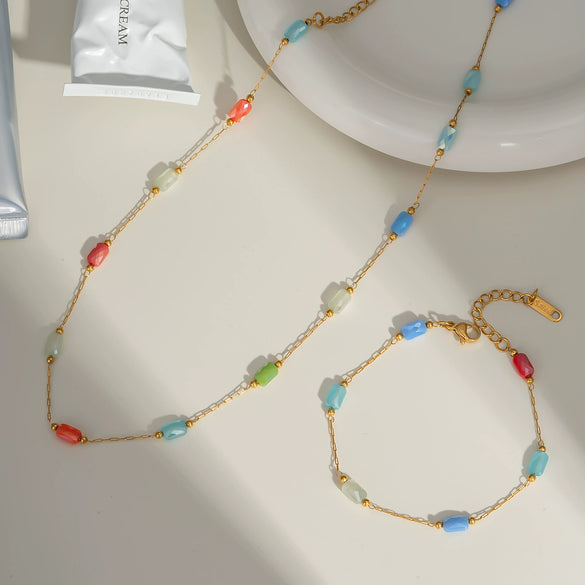 Color Crystal Chain Necklace Bracelet Suit Stainless Steel Jewelry For Women With Cylindrical Pattern And Pvd Furnace Vacuum Real Gold Plating