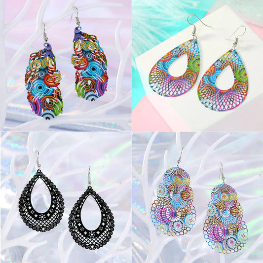 Color Leaf Iron Ear Hook Computer Piece Feather Earrings Printing Hollow Earrings Wholesale