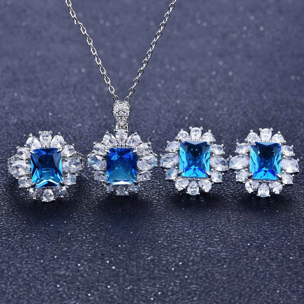 Color Treasure Set  Yellow Diamond Topaz Blue Argyle Pink Square Diamond Ring Earrings Pendant