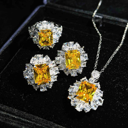 Color Treasure Set  Yellow Diamond Topaz Blue Argyle Pink Square Diamond Ring Earrings Pendant