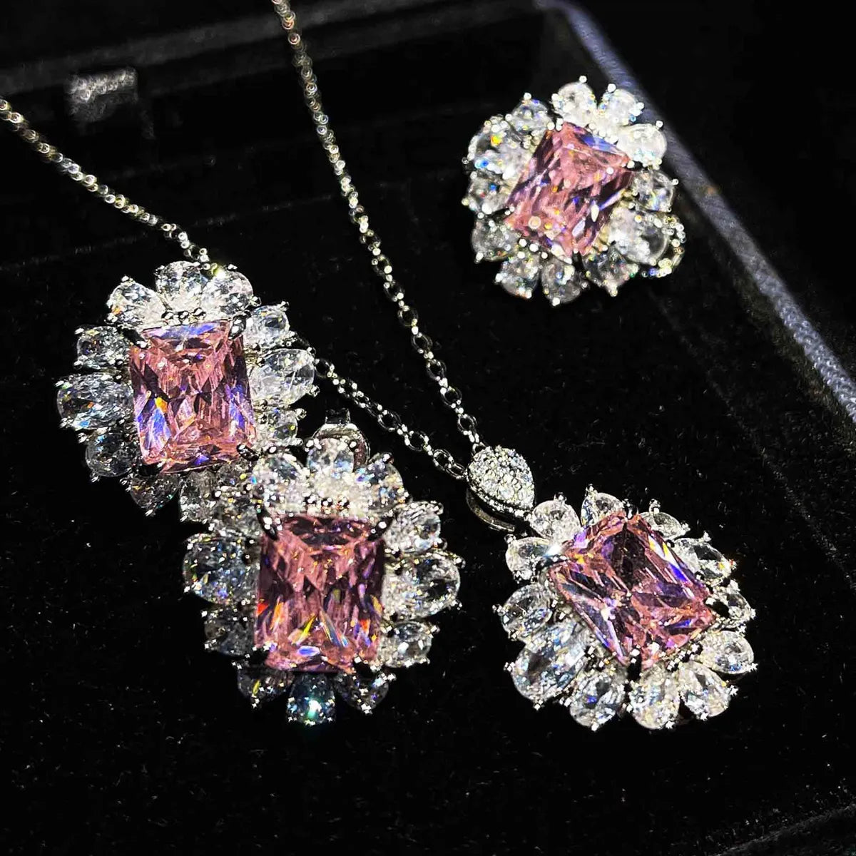 Color Treasure Set  Yellow Diamond Topaz Blue Argyle Pink Square Diamond Ring Earrings Pendant