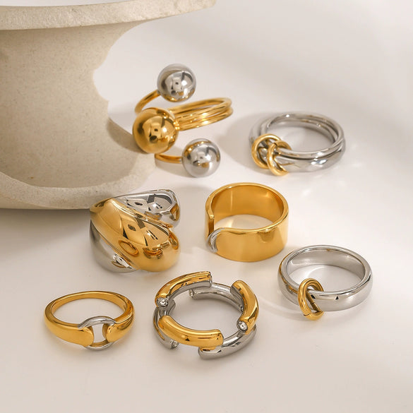 Colorblocked Stainless Steel Ring With Geometric Style And Electroplating For Women