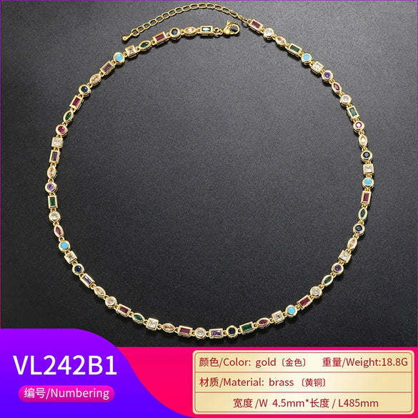 Colored Diamond Copper Zircon Chain Sweet Style Irregular Geometric Bracelet Necklace For Women With Electroplating