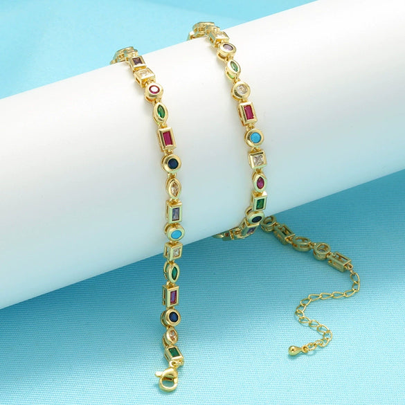 Colored Diamond Copper Zircon Chain Sweet Style Irregular Geometric Bracelet Necklace For Women With Electroplating