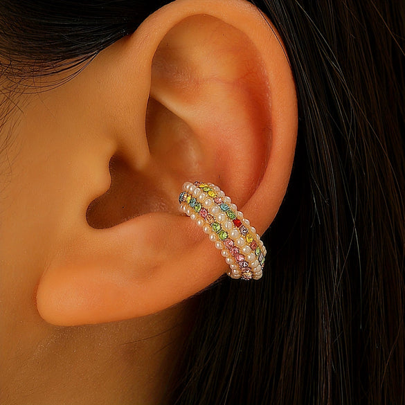 Colored Diamond Pearl C Shaped Copper Ear Bone Clip Without Piercing For Women Geometric Pattern Set With Diamonds
