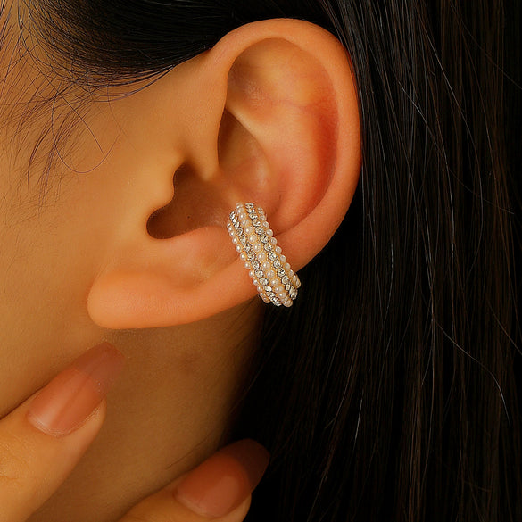 Colored Diamond Pearl C Shaped Copper Ear Bone Clip Without Piercing For Women Geometric Pattern Set With Diamonds