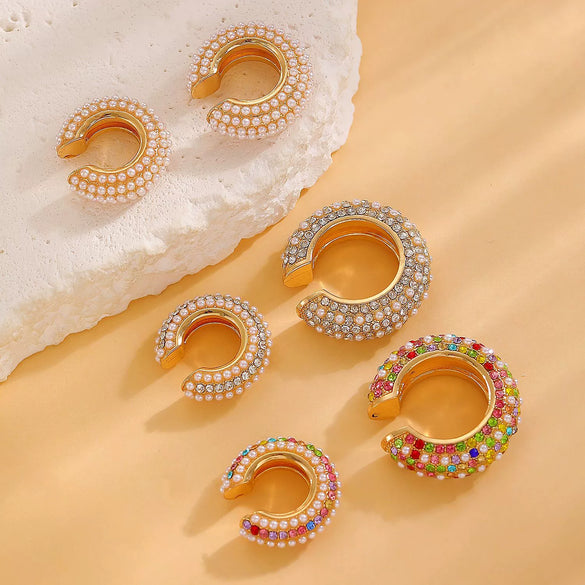 Colored Diamond Pearl C Shaped Copper Ear Bone Clip Without Piercing For Women Geometric Pattern Set With Diamonds