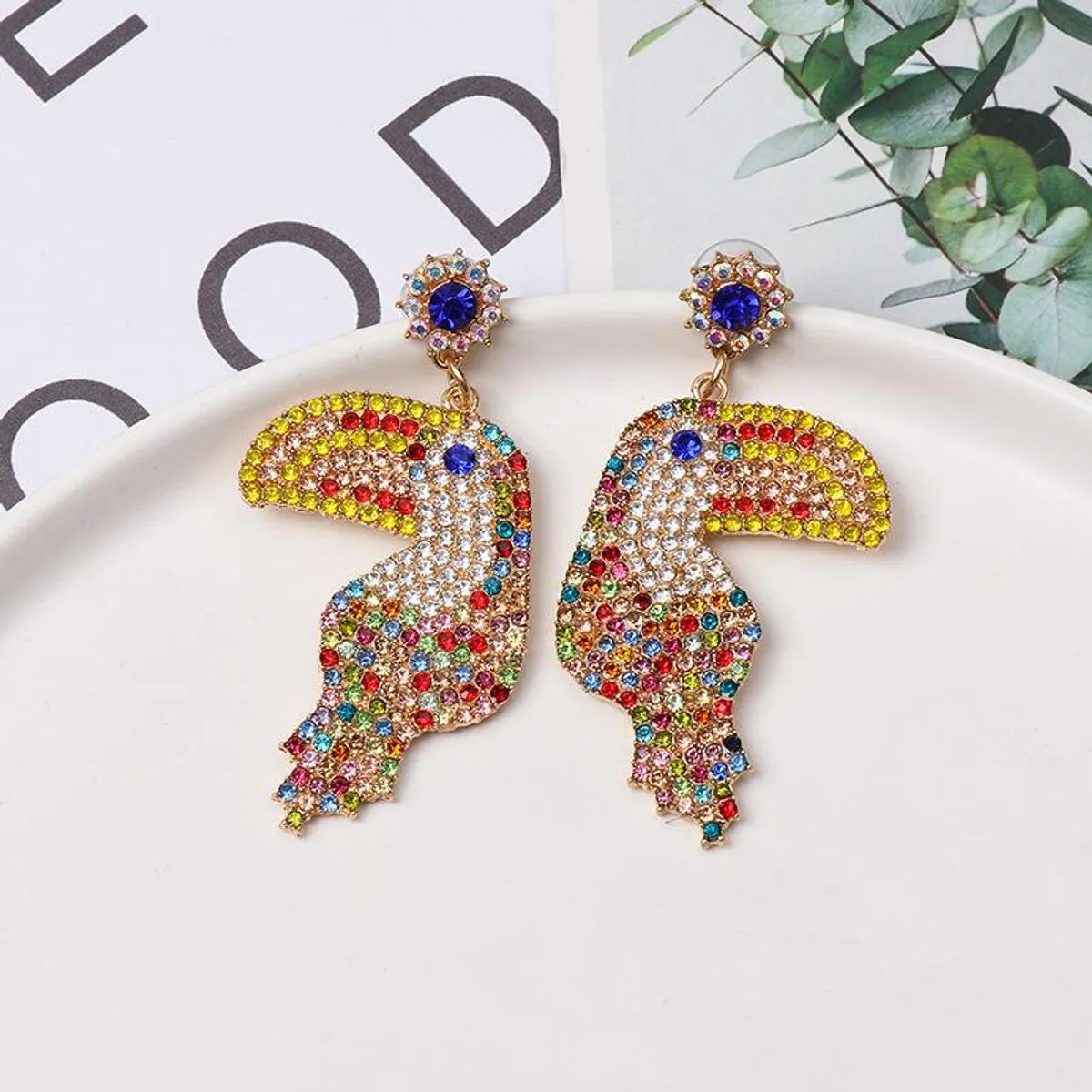 Colored Diamond-studded Woodpecker Stud Earrings Nhjj154488