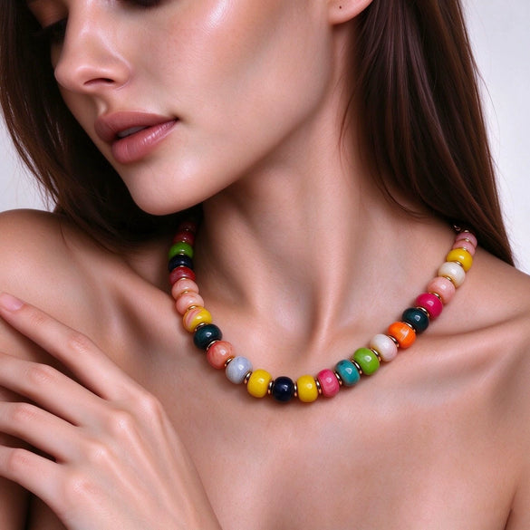 Colorful Acrylic Beaded Necklace For Women Handmade Geometric Round Pendant With Adjustable Extension Chain And Lobster Clasp