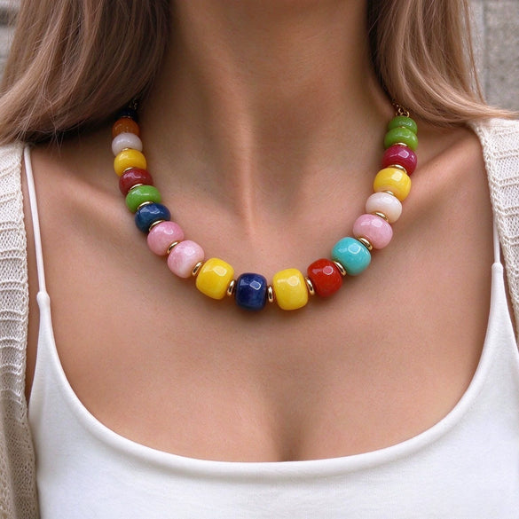 Colorful Acrylic Beaded Necklace For Women Handmade Geometric Round Pendant With Adjustable Extension Chain And Lobster Clasp