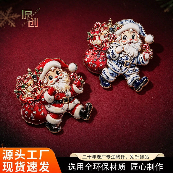 Colorful Blue And White Porcelain Style Santa Claus Brooch Pin With Rhinestone Accents Glaze Drip Detailing And Electroplated Alloy Finish