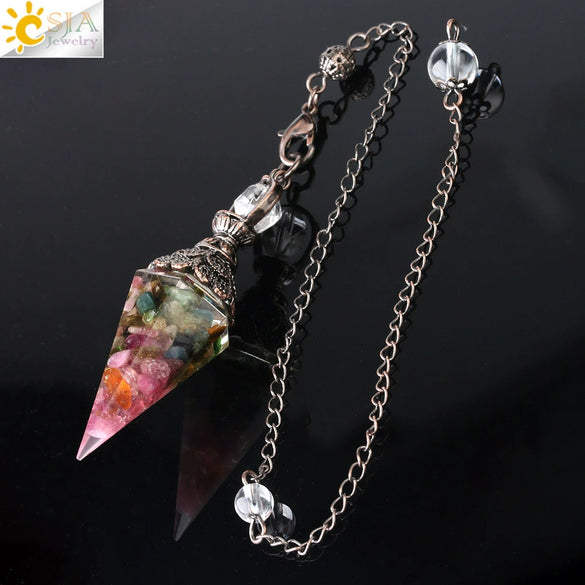 Colorful Crystal Pendulum Pendant With Natural Gravel Resin And Antique Finish Hexagon Cone Shape Electroplated Fashion Jewelry