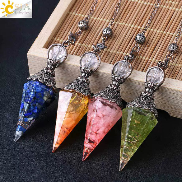 Colorful Crystal Pendulum Pendant With Natural Gravel Resin And Antique Finish Hexagon Cone Shape Electroplated Fashion Jewelry