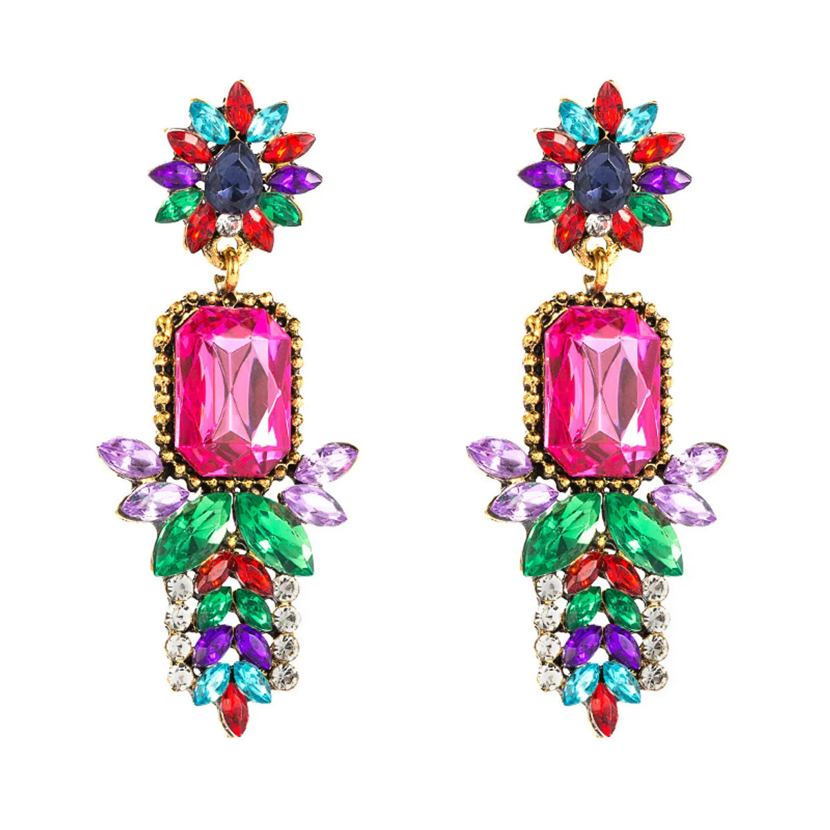 Colorful Diamond Flower Alloy Earrings