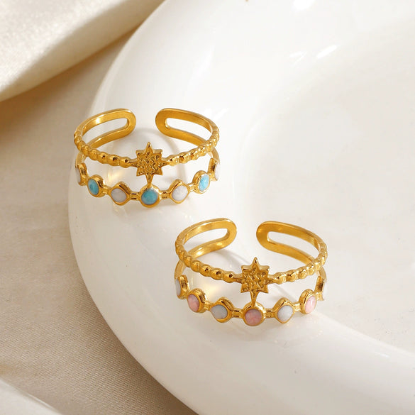 Colorful Enamel Geometric Open Ring For Women Electroplated Stainless Steel With Line Pattern