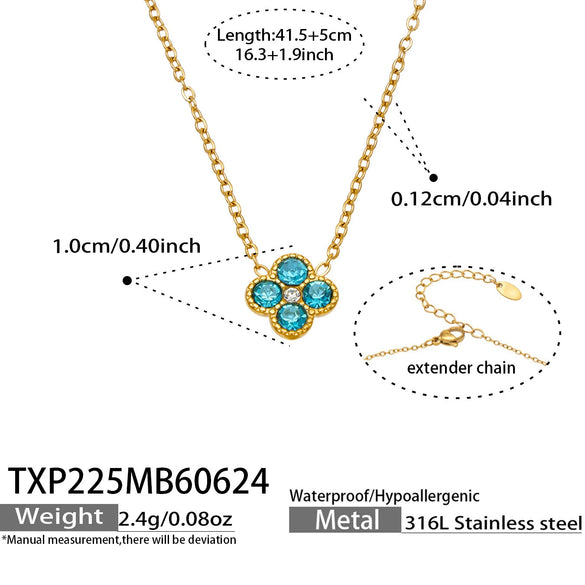 Colorful Four Leaf Flower Necklace And Earrings Jewelry Set In Stainless Steel With Gold Plated Finish Zircon Pendant And Snake Bone Chain For Women