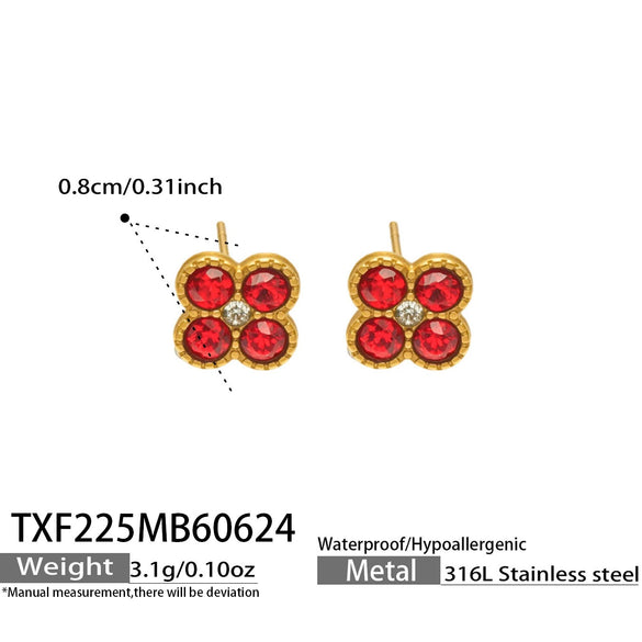 Colorful Four Leaf Flower Necklace And Earrings Jewelry Set In Stainless Steel With Gold Plated Finish Zircon Pendant And Snake Bone Chain For Women