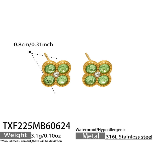 Colorful Four Leaf Flower Necklace And Earrings Jewelry Set In Stainless Steel With Gold Plated Finish Zircon Pendant And Snake Bone Chain For Women