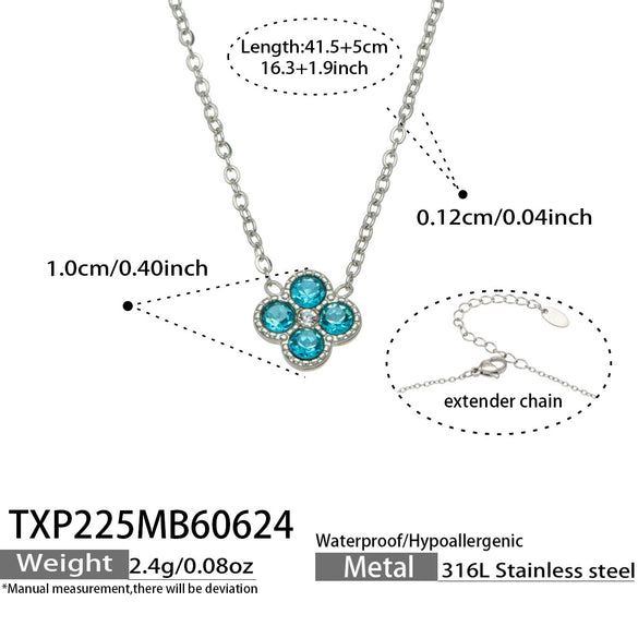Colorful Four Leaf Flower Necklace And Earrings Jewelry Set In Stainless Steel With Gold Plated Finish Zircon Pendant And Snake Bone Chain For Women