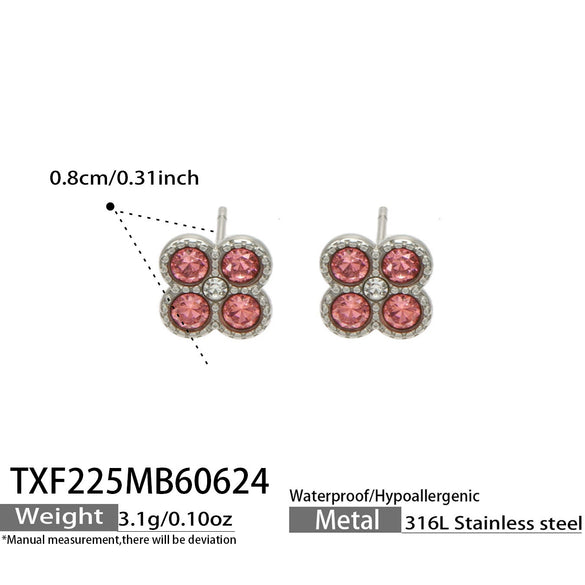 Colorful Four Leaf Flower Necklace And Earrings Jewelry Set In Stainless Steel With Gold Plated Finish Zircon Pendant And Snake Bone Chain For Women