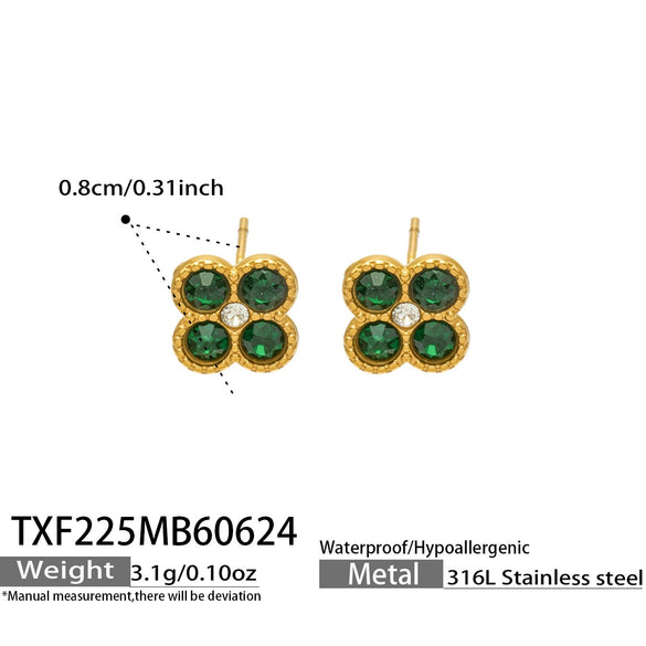 Colorful Four Leaf Flower Necklace And Earrings Jewelry Set In Stainless Steel With Gold Plated Finish Zircon Pendant And Snake Bone Chain For Women