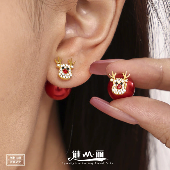 Colorful Geometric Elk Stainless Steel Earrings With Beaded Ear Plug Design Electroplated Women's Fashion Jewelry
