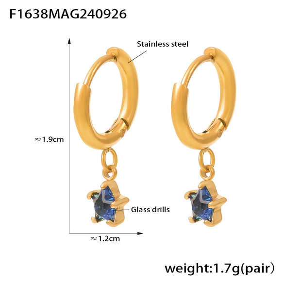 Colorful Glass Diamond Fivepointed Star Pierced Earrings Plated With Real Gold In Niche Style Made Of Stainless Steel And Glass Drill With Electroplating Process