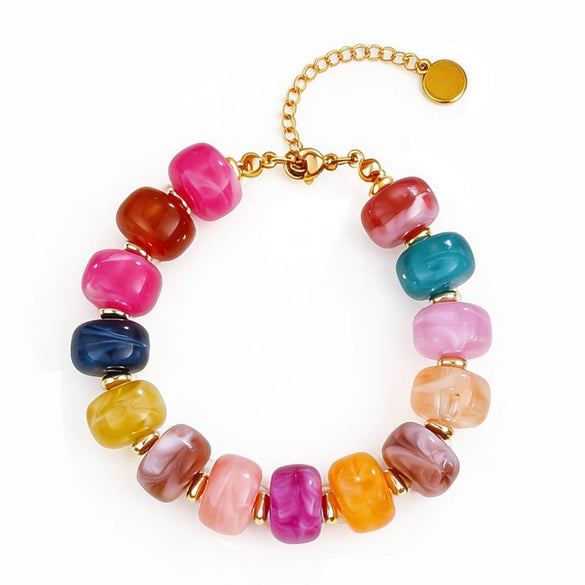 Colorful Resin Beaded Necklace And Bracelet Set For Women Casual Geometric Bohemian Style Jewelry With Ball Chain Electroplated Finish