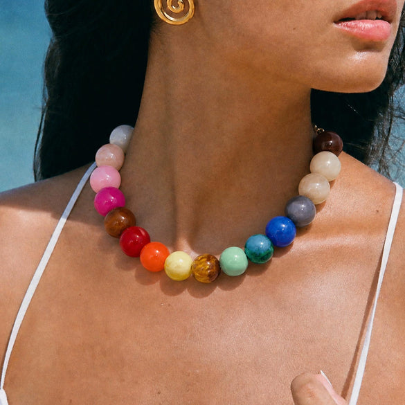 Colorful Resin Beaded Necklace With Mixed Round Geometric Beads And Electroplated Light Luxury Style For Women