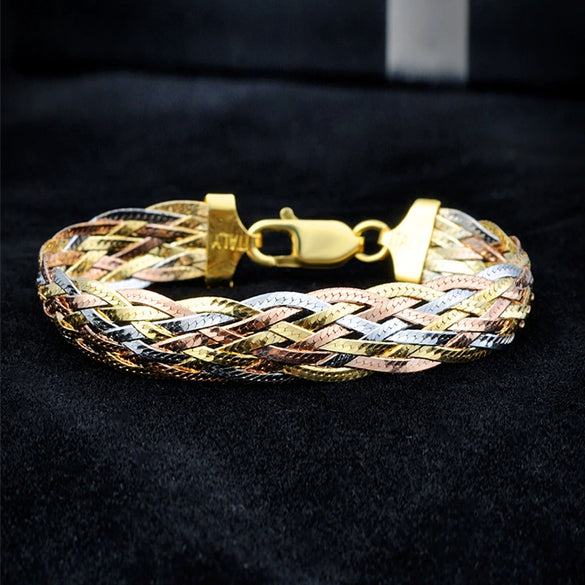 Colorful S925 Sterling Silver Plated Three Tone Gold Woven Geometric Bracelet For Women With Shiny Wide Band Electroplated Finish