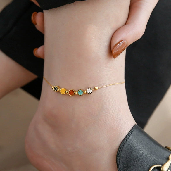Colorful Smiley Titanium Steel Anklet For Girls With 18K Gold Bead Design Snake Bone Chain Vacuum Furnace Electroplated Cartoon Characters Styling