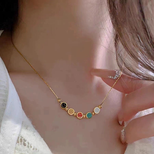 Colorful Smiley Titanium Steel Water Whip Chain Bracelet And Foot Chain With 18K Gold Bead Design Light Luxury Style Dripping Oil Treatment For Girls