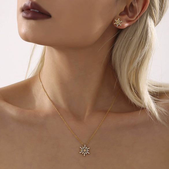 Colorful Snowflake Zircon Necklace Bracelet Earrings Set For Women Titanium Steel Light Luxury Jewelry With Electroplating
