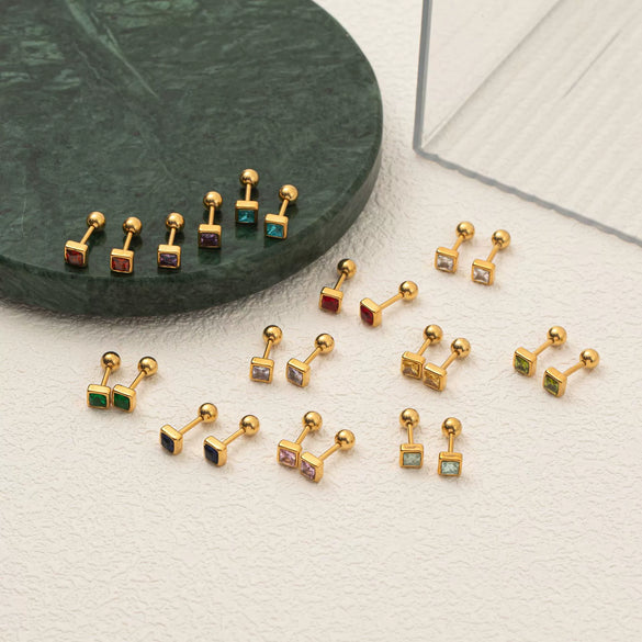 Colorful Twelve Birthstone Square Geometric Earrings And Necklace Accessories For Women Titanium Steel Material With Diamonds Design