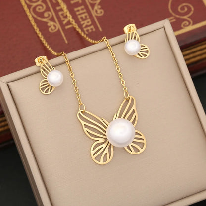 Commute Butterfly Stainless Steel Inlay Artificial Pearls Bracelets Earrings Necklace