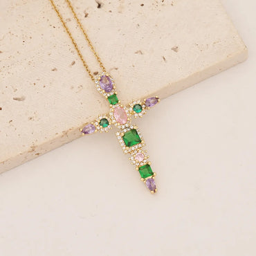 Commute Cross Copper Inlay Zircon Pendant Necklace