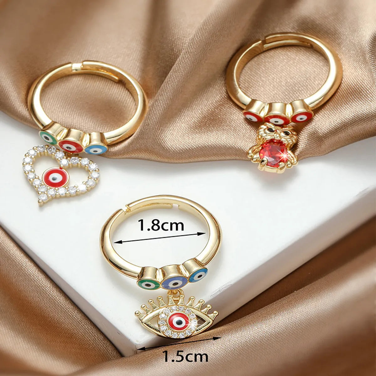 Commute Devil's Eye Heart Shape Copper Enamel Plating Inlay Zircon 18k Gold Plated Open Rings