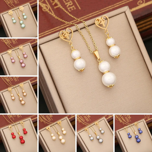 Commute Gourd Stainless Steel Artificial Pearl Patchwork Jewelry Set