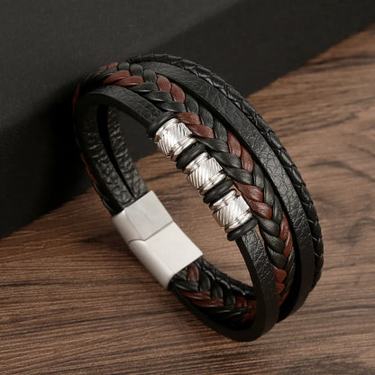 Commute Grain Stainless Steel Pu Leather Handmade Men'S Bangle