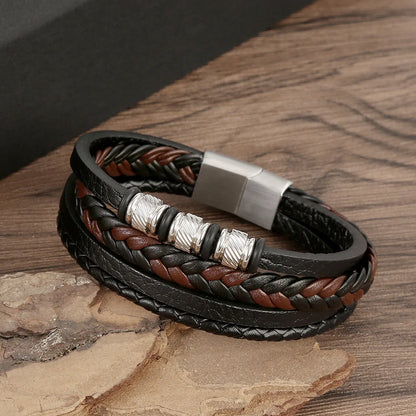 Commute Grain Stainless Steel Pu Leather Handmade Men'S Bangle