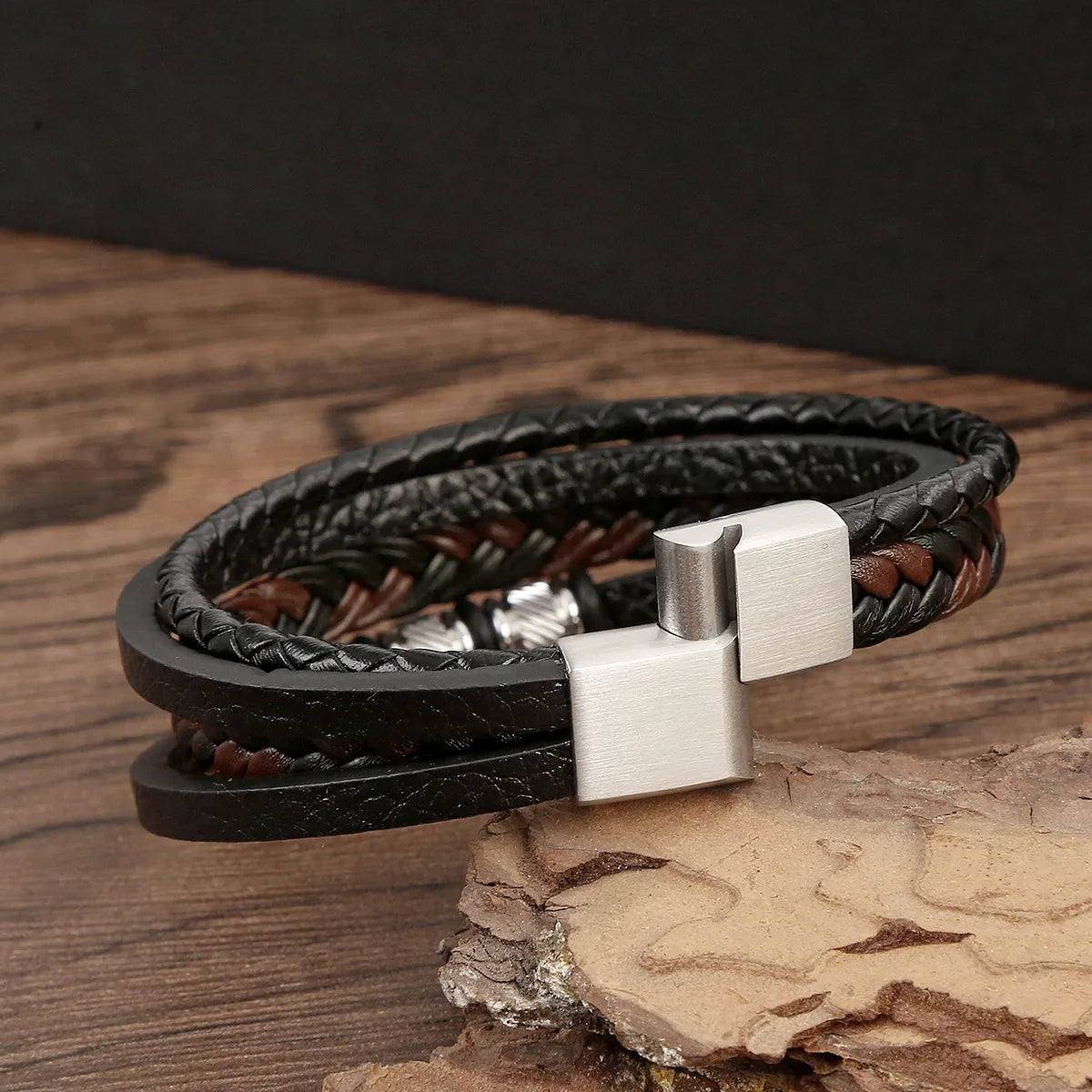 Commute Grain Stainless Steel Pu Leather Handmade Men'S Bangle