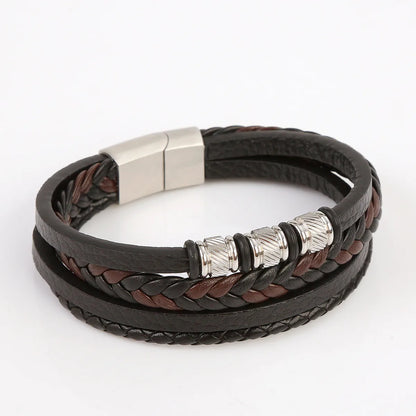 Commute Grain Stainless Steel Pu Leather Handmade Men'S Bangle