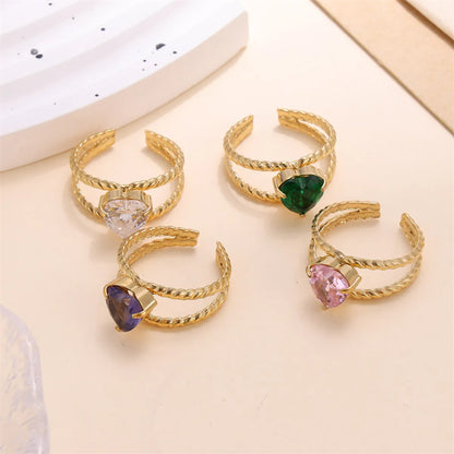 Commute Heart Shape Stainless Steel Plating Inlay Zircon 18k Gold Plated Open Rings