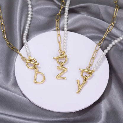 Commute Letter Stainless Steel Plating Inlay Pearl 14k Gold Plated Necklace