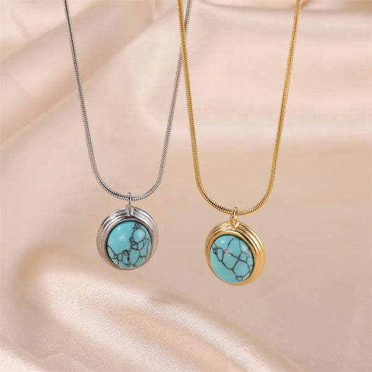 Wholesale Jewelry Commute Oval Stainless Steel Turquoise 18K Gold Plated Plating Inlay Pendant Necklace