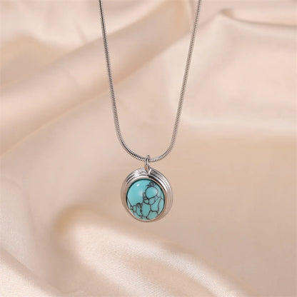 Wholesale Jewelry Commute Oval Stainless Steel Turquoise 18K Gold Plated Plating Inlay Pendant Necklace