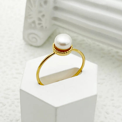 Commute Round Stainless Steel Plating Inlay Artificial Pearls Gold Plated Open Rings